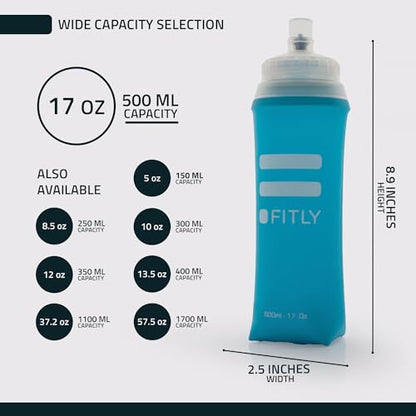 FITLY Soft Flask 17 oz 500ml (2 Pack), Collapsible Running Water Bottles for Hydration Pack and Running Vest, BPA Free Soft Water Bottles with Bite Valve for Hiking, Cycling & Skiing - Black & Blue