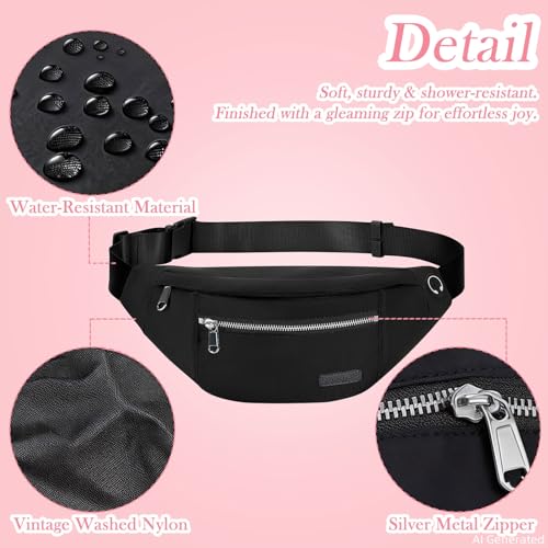 MAXTOP Large Crossbody Fanny Pack Belt Bag for Women Men with Silver Zipper - color: Black(Washed Nylon with Silver Metal Zipper)