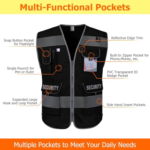 TCCFCCT Security Vest for Men Women 9 Pockets Hi Vis Safety Vest, Black XL - color: Black-bison 09, size: X-Large