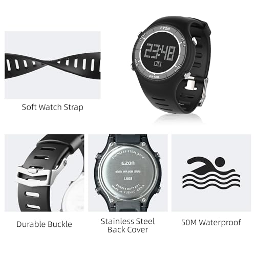 EZON Digital Watch with Stopwatch Countdown Timer Alarm EL Backlight,Ultra-Thin Large Display 5ATM Waterproof Digital Wrist Watches for Men Women - color: White-on-black