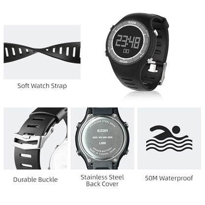 EZON Digital Watch with Stopwatch Countdown Timer Alarm EL Backlight,Ultra-Thin Large Display 5ATM Waterproof Digital Wrist Watches for Men Women - color: White-on-black