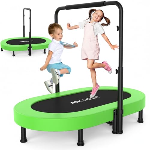 ANCHEER 56" Double Mini Trampoline for Kids, Mini Rebounder with 5-Level Adjustable Handle, Parent-Child Trampoline for Kids, Max Load 220lbs, Fun for Indoor/Outdoor - color: Soft Green