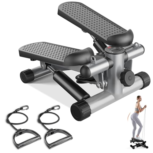 Sweetcrispy Mini Stair Steppers with Resistance Bands for Exercise at Home, Portable Exercise Twist Stepper Machine for Full Body Workout, 300LBS Capacity - color: Sliver