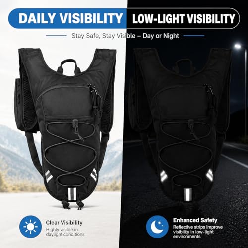 Lightweight Hydration Backpack 2L Water Bladder Pack for Running, Cycling, Hiking – Anti-Theft Water Backpack with Phone Holder, Trekking Pole Holder & Reflective Strips for Men & Women - color: Black