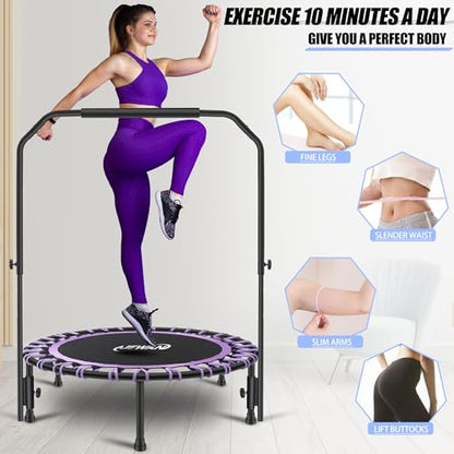 Newan 40" Silent Mini Trampoline with Adjustable Handle Bar Fitness Trampoline Bungee Rebounder Jumping Cardio Trainer Workout for Adults - Max Limit 330 lbs - color: purple