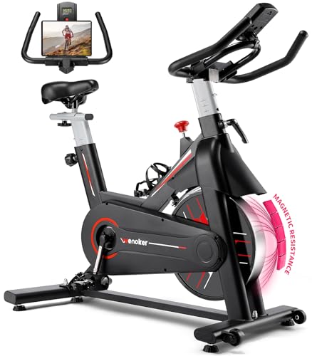 Wenoker Exercise Bike,Indoor Spin Bike with Adjustable Resistance Bluetooth Fitness App, 350 LBS Heavy Duty Frame,Smooth Quiet Belt Drive, Adjustable Handlebars & Seat with Transport Wheels - color: Red