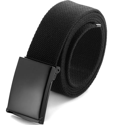 Mile High Life Cut To Fit Canvas Web Belt Size Up to 52" with Flip-Top Solid Black Military Buckle - color: 1 Pack Black