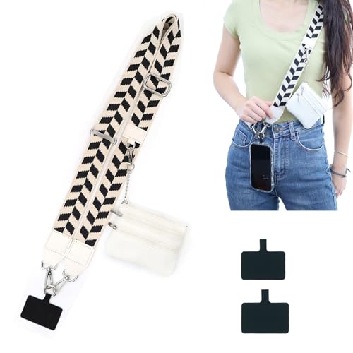 Clip And Go Strap for Phone with Wallet Crossbody, Phone Strap Zippered Pouch, Phone Lanyard Crossbody Wrist for Cell Phone Accessories,Birthday Gift for Women (White-Black) - color: White-black