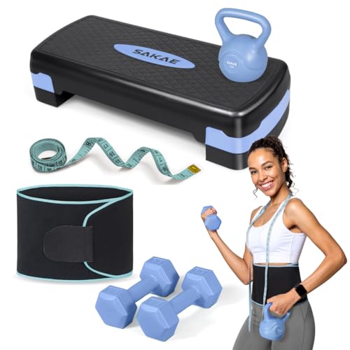 Adjustable Height Aerobic Stepper Set, Multiple Bundle Options with Dumbbells, Kettlebell, Waist Trimmer, Ankle Weights or Weighted Vest, Workout Exercise Step Platform w/Level Risers, 4 Colors - color: Blue Black, size: f. W/ Dumbbells & Kettlebell & Wai