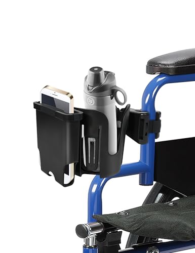 Wheelchair Cup Holder with Phone Holder, 2-in-1 Walker Cup Holder, 360° Rotatable Clamp with Silicone Shock Protection, Accessories for Rollator Walker with Seat, Wheelchair, Walker, Camper, Golf Cart