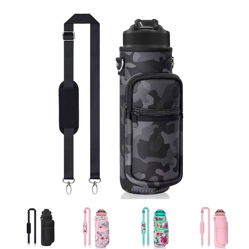 Water Bottle Sling Bag with Storage Pockets & Strap for Hiking Gym Walking - color: Camo Black 03, size: 32oz Long
