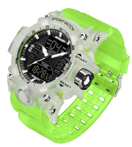 FANMIS Men's Analog Digital Sports Watch 50M LED Backlight Military Watch - color: Transparent Green
