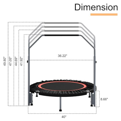 ALTLER 40"/48" Foldable Mini Fitness Rebounder with Adjustable Foam Handle, Max Load 330/440 lbs, Indoor Cardio Exercise Rebounder for Adults - size: 40 IN