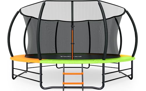 Yohood Trampoline Outdoor 12FT 14FT, Recreational Trampolines with Enclosure Net and Ladder, ASTM Approved for Kids and Adults, with Additional 8 Stabilizer Bars and Anti-Rust Coated Galvanized Frame - size: 14 Feet