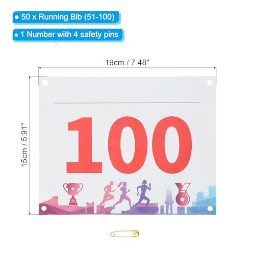 PATIKIL Tearproof Running Bib Numbers, Medals Waterproof Race Competitor Numbers with Safety Pin for Marathon Sports Game Competition Runner - style: 51-100