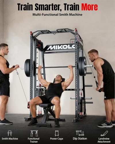 Mikolo M4 2.0 Smith Machine, 2200lbs Squat Rack with LAT-Pull Down System & Cable Crossover Machine, Training Equipment with Leg Hold-Down Attachment - color: Black, size: M4 2.0 Elite Package (with Color BP230lbs)