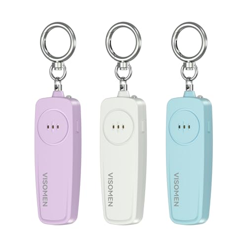 Personal Safety Alarm Keychain for Women,3-Pack,Loud Siren with Flashing LED Light,Portable Emergency Security Device,Gifts for Kids,Presents for Elderly,Night Running,Purple White Blue
