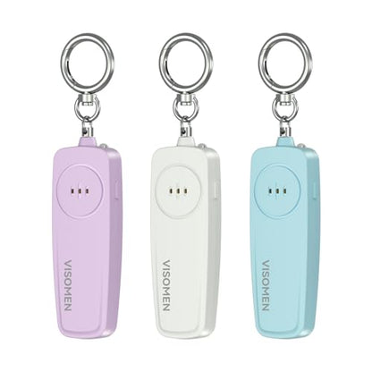 Personal Safety Alarm Keychain for Women,3-Pack,Loud Siren with Flashing LED Light,Portable Emergency Security Device,Gifts for Kids,Presents for Elderly,Night Running,Purple White Blue