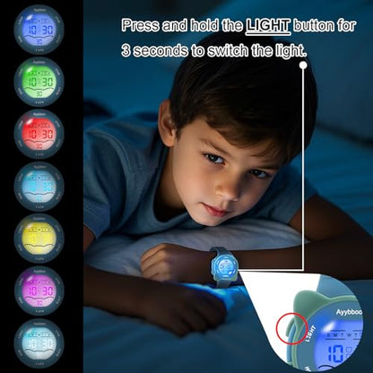 Kids Waterproof Watch 7 Color Light Alarm - color: blue