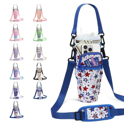 DLOCCOLD Water Bottle Carrier Bag with Phone Pocket for 40 oz Tumbler, Water Bottle Holder with Adjustable Shoulder & Handheld Strap, Carrier Sling Bag for Water Bottle Walking Camping Travelling - color: Blue Star