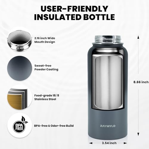 RAYMYLO Insulated Water Bottle 32 oz, Triple Wall Vacuum Stainless Steel - color: Dark Gray, size: 32 Ounces