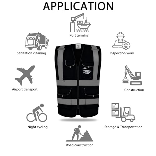wefeyuv Reflective Safety Vest Class 2 High Visibility Vest pocket - color: Black, size: Large
