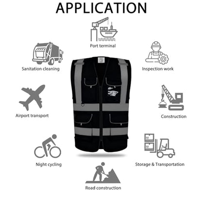 wefeyuv Reflective Safety Vest Class 2 High Visibility Vest pocket - color: Black, size: Medium