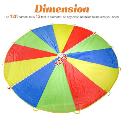 Sonyabecca Parachute, Play Parachute 10ft 12ft 16ft with 12 Handles 20ft 24ft with 16 Handles for Kids Cooperation Group Play (12 Feet) - size: 12FT with 12 Handles