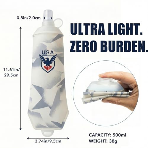 Richboyz 500ml Running Soft Flask: Leakproof TPU Hydration Bottle for Trail Runners & Cyclists & Hikers – Lightweight & BPA-Free Folding Water Bottle (White Eagle)