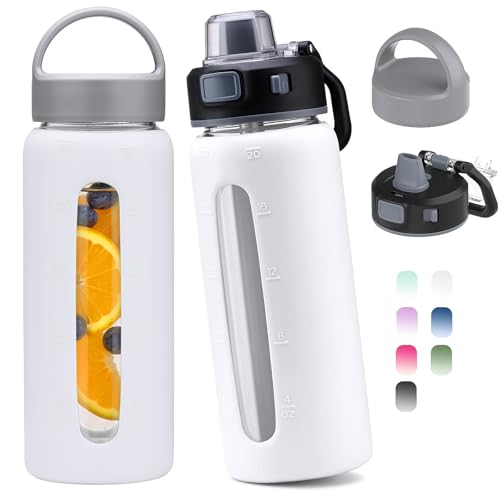 Kodrine 20oz Glass Water Bottle with Straw and 2 Lids Leakproof, White - color: White, size: 20 Ounces