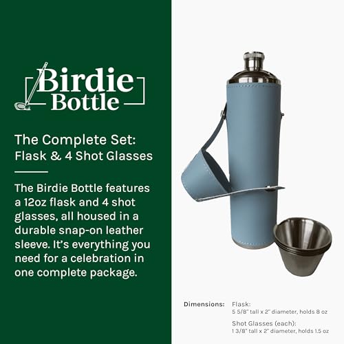 12oz Flask with 4 Shot Glasses in Cap – Stainless Steel with Waterproof Leather Case, Leakproof, Reusable Gift - color: Sky Blue, size: 12oz Standard
