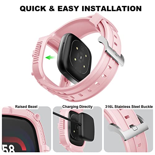 Compatible for Fitbit Versa 4/ Fitbit Sense 2 Bands Rugged Protective Case with TPU Sport Band Wristbands, Military Shockproof Bumper Case for Men Women, Pink - color: Pink