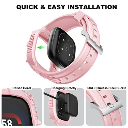 Compatible for Fitbit Versa 4/ Fitbit Sense 2 Bands Rugged Protective Case with TPU Sport Band Wristbands, Military Shockproof Bumper Case for Men Women, Pink - color: Pink