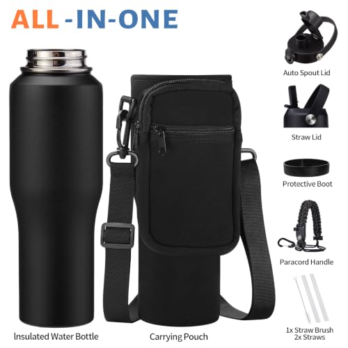 32 oz Insulated Water Bottle Fits Car Cup Holder with Straw Lid & Auto Lid - color: Onyx Black, size: 32 Ounces