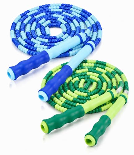 Jump Rope for Kids, Beaded Jumping Rope for 8-12, 9Ft Adjustable Skipping Rope with Soft Beaded, Tangle-Free Jumprope for Girls Boys, Students Outdoor Fitness Exercise - color: Blue+Green