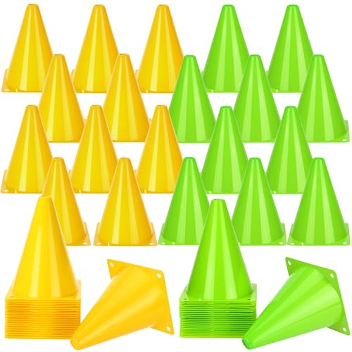 Reginary 40 Pieces 7 Inch Small Cones for Sports Football Bike Obstacle Training Cones Plastic Traffic Roadblock for Sports Skating Indoor Outdoor Activity Construction Party - color: Yellow, Green
