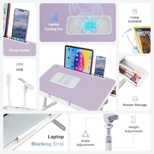 iXTRA Adjustable Laptop Lap Desk with Cooling Fan USB Light for Adults 56x32cm,Purple - color: Purple+holder,56x32cm