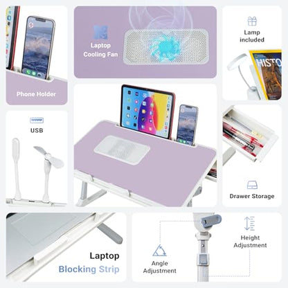 iXTRA Adjustable Laptop Lap Desk with Cooling Fan USB Light for Adults 56x32cm,Purple - color: Purple+holder,56x32cm