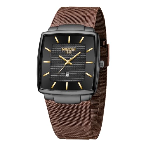 NIBOSI Men's Analog Watch, Square Dial Mesh Strap, Date Display - color: 2613-Black Brown