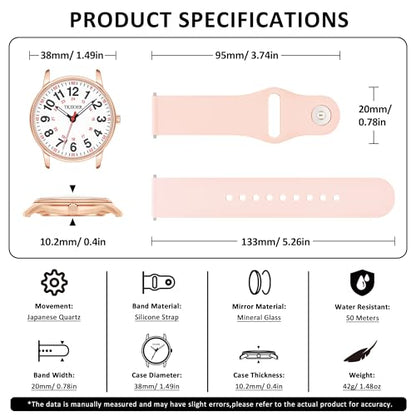 TKIIOER Nurse Watch for Nurse Medical Professionals Students Women Men, 50M Waterproof 12/24 Hour Military Time Luminous Easy Read Dial, Second Hand Watch for Nursing - color: Rose Pink