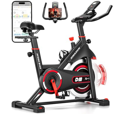 DMASUN Exercise Bike, Silent Magnetic Resistance Stationary Bike for Home with 330 LBS Capacity, Pedals with Anti-loosening Nuts, Indoor Bike with Comfortable Seat Cushion, Digital Display with Tablet Holder - color: Red