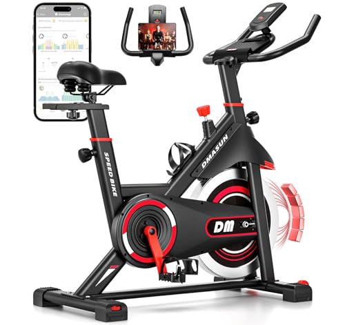 DMASUN Exercise Bike, Silent Magnetic Resistance Stationary Bike for Home with 330 LBS Capacity, Pedals with Anti-loosening Nuts, Indoor Bike with Comfortable Seat Cushion, Digital Display with Tablet Holder - color: Red
