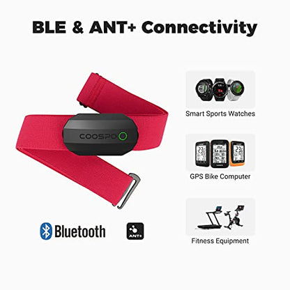 COOSPO Bluetooth Heart Rate Monitor Chest Strap H808S, ANT+ BLE HR Monitor Chest, HRM IP67 Waterproof, 300H Battery Life - color: Black Red