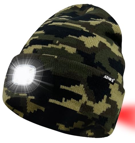 ATNKE LED Lighted Beanie Hat,USB Rechargeable 8 LED Red Glow Flashing Alarm Running Headlamp Cap Gifts for Men and Women - color: #Camouflage Green