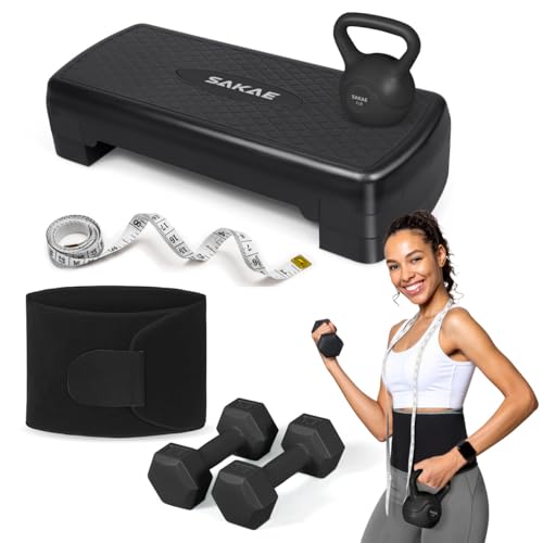 Adjustable Height Aerobic Stepper Set, Multiple Bundle Options with Dumbbells, Kettlebell, Waist Trimmer, Ankle Weights or Weighted Vest, Workout Exercise Step Platform w/Level Risers, 4 Colors - color: Black, size: f. W/ Dumbbells & Kettlebell & Waist Tr