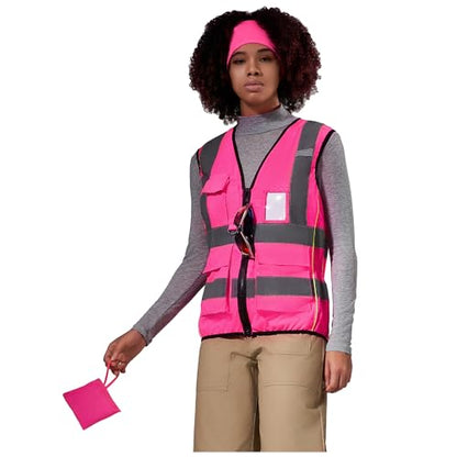 A-SAFETY High Vis Safety Vest for Women - Reflective Strips, Multi-Pockets, Zipper Closure - color: Pink, size: XXXXX-Large