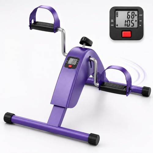 Under Desk Bike Pedal Exerciser, Mini Exercise Bike for Arm and Leg Workout | Adjustable Resistance, LCD Tracking, Secure Foot Straps, Compact Frame for Seated Home or Office Workouts - color: Purple-Exer