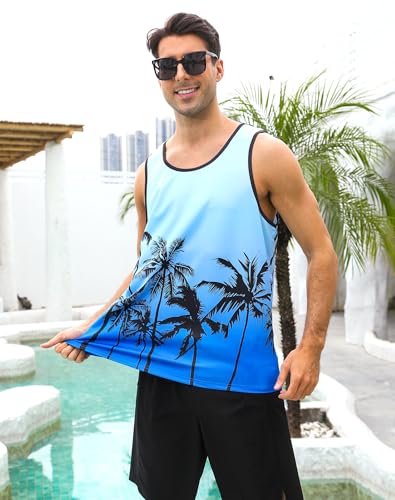 uideazone Mens Beach Tank Tops Summer Graphic Sleeveless Workout Shirt - color: Palm Tree Blue, size: XX-Large