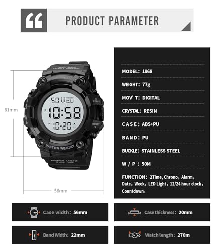 XCZAP Men's Black Digital Sports Watch, Large Face Military Tactical Watch, 5ATM Water Resistant, LED Backlight, Alarm, Stopwatch,Dual Time - color: Black-0