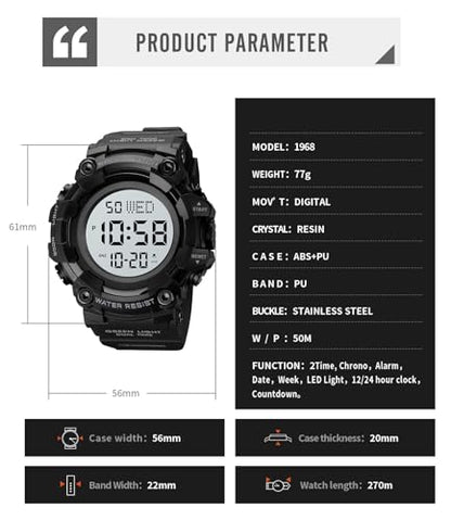 XCZAP Men's Black Digital Sports Watch, Large Face Military Tactical Watch, 5ATM Water Resistant, LED Backlight, Alarm, Stopwatch,Dual Time - color: Black-0